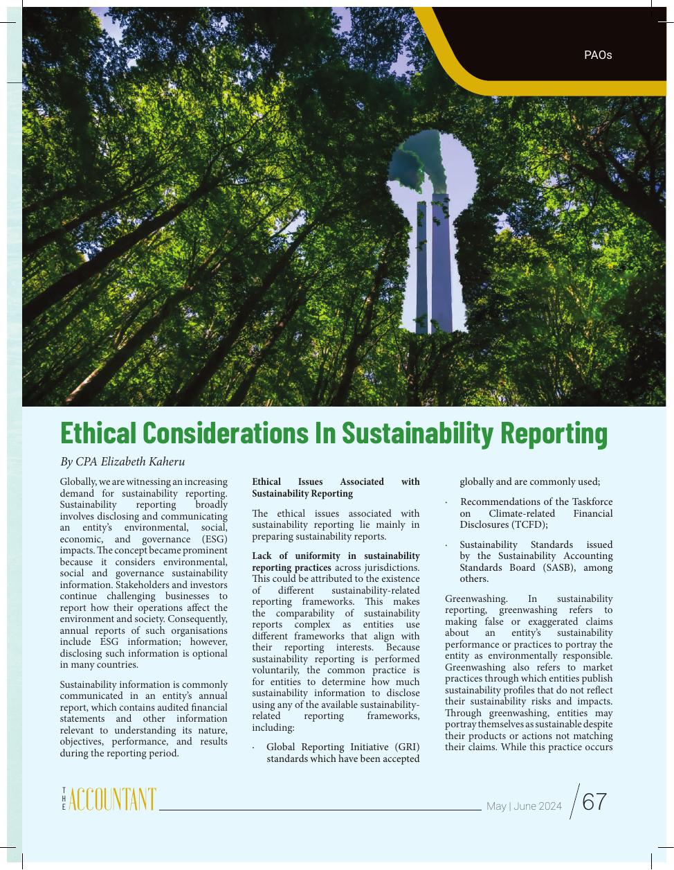 Original page 67 of The Accountant Journal, May–June 2024: Ethical Considerations In Sustainability Reporting, by CPA Elizabeth Kaheru
